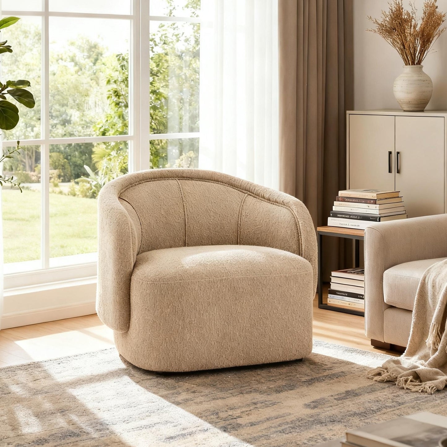 Curved Boucle Chair in Natural Beige